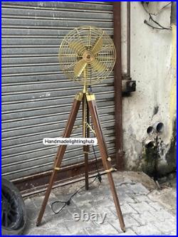 Nautical Pedestal Floor Fan-Industrial Wood Tripod Retro Royal Navy Style Brown