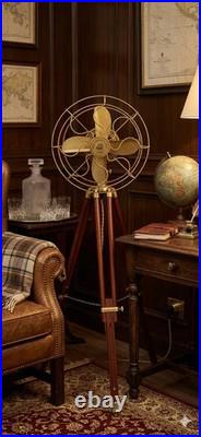 Nautical Tripod Fan with Wooden Stand Steampunk Marine Décor, Library Brass