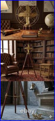 Nautical Tripod Fan with Wooden Stand Steampunk Marine Décor, Library Brass