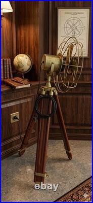 Nautical Tripod Fan with Wooden Stand Steampunk Marine Décor, Library Brass