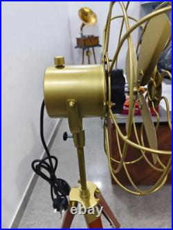Nautical Tripod Fan with Wooden Stand Steampunk Marine Décor, Library Brass