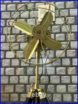 Pedestal Fan Brass Antique on Black Tripod Royal Navy Retro Modern Electric Fan