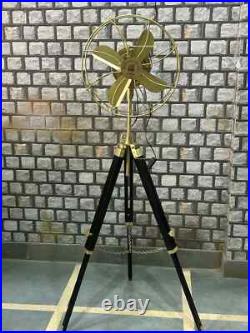 Pedestal Fan Brass Finish on Black Adjustable Height Tripod Royal Navy Retro