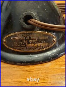Vintage 8 Inch Menominee Antique Ball Motor Electric Desk Fan Single Speed Works