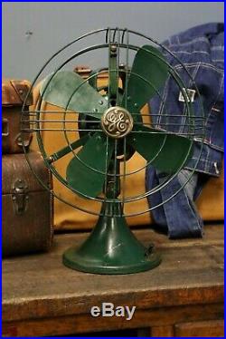 Vintage Antique GE General Electric Fan Army Military Green Brass Emblem 3 speed