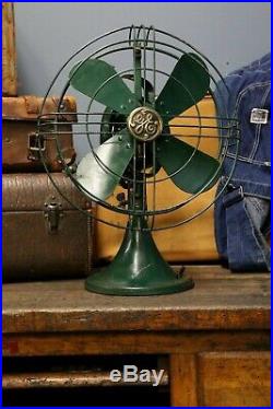 Vintage Antique GE General Electric Fan Army Military Green Brass Emblem 3 speed