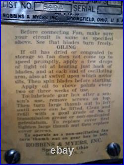 Vintage Art Deco Robbins & Myers Oscillating Fan, Model# 5404, Retro Steampunk