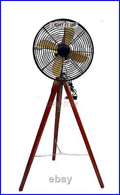 Vintage Brass Antique Electric Floor Fan With Wooden Tripod Stand Westinghouse