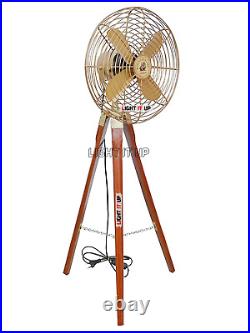 Vintage Brass Antique Electric Floor Fan With Wooden Tripod Stand Westinghouse