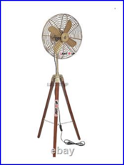 Vintage Brass Antique Electric Floor Fan With Wooden Tripod Stand Westinghouse