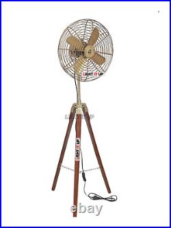 Vintage Brass Antique Electric Floor Fan With Wooden Tripod Stand Westinghouse