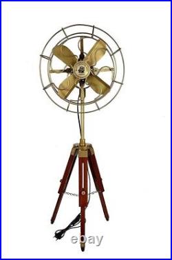 Vintage Brass Antique Electric Pedestal Fan With Wooden Tripod Stand