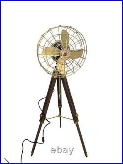 Vintage Brass Electric Floor Fan Wooden Tripod Industrial Home Office Decor