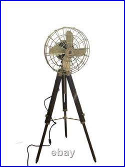 Vintage Brass Electric Floor Fan Wooden Tripod Industrial Home Office Decor