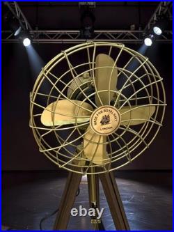 Vintage Brass Electric Floor Fan Wooden Tripod Industrial Home Office Decor