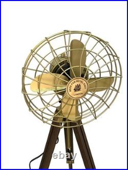 Vintage Brass Electric Floor Fan Wooden Tripod Industrial Home Office Decor