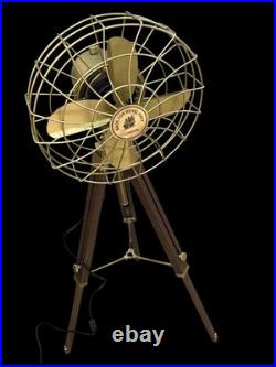 Vintage Brass Electric Floor Fan Wooden Tripod Industrial Home Office Decor