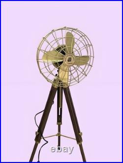 Vintage Brass Electric Floor Fan Wooden Tripod Industrial Home Office Decor