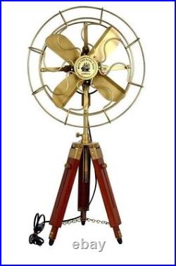 Vintage Brass Electric Pedestal Fan With Wooden Tripod Stand For Home Decor