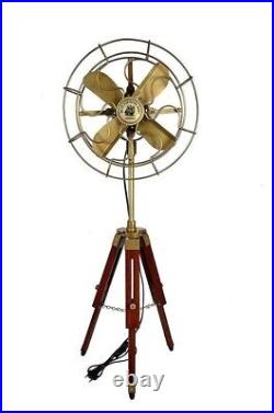 Vintage Brass Electric Pedestal Fan With Wooden Tripod Stand For Home Decor