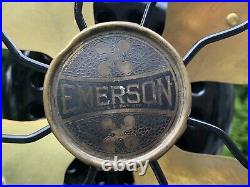 Vintage Emerson 12 Cast Iron 3 Speed Oscillating Fan 4 Brass Blades No. 29646