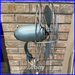 Vintage GE General Electric Pedestal Fan Works Industrial Mid Century Aqua Blue
