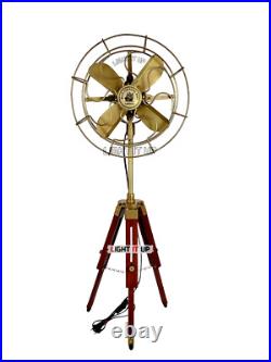 Vintage Nautical Brass Antique Electric Pedestal Fan With Wooden Tripod Stand