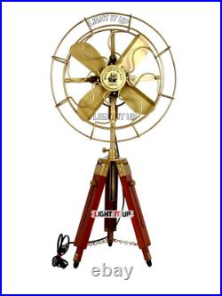 Vintage Nautical Brass Antique Electric Pedestal Fan With Wooden Tripod Stand