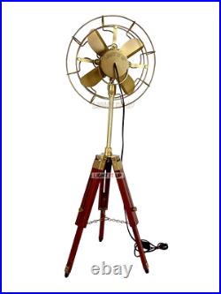 Vintage Nautical Brass Antique Electric Pedestal Fan With Wooden Tripod Stand