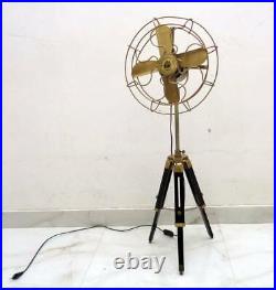 Vintage Style Brass Floor Fan With Wooden Adjustable Tripod Stand Modern Studio