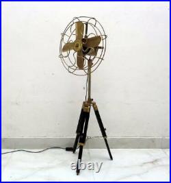 Vintage Style Brass Floor Fan With Wooden Adjustable Tripod Stand Modern Studio