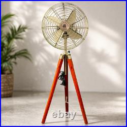 Vintage Tripod Floor Fan Retro Metal Fan Wooden Stand Industrial Home Decor