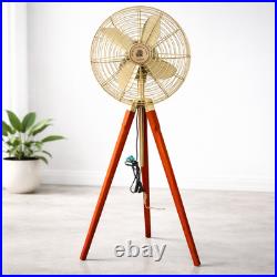 Vintage Tripod Floor Fan Retro Metal Fan Wooden Stand Industrial Home Decor