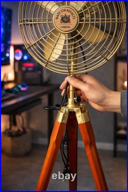 Vintage Tripod Floor Fan Retro Metal Fan Wooden Stand Industrial Home Decor