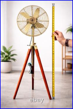 Vintage Tripod Floor Fan Retro Metal Fan Wooden Stand Industrial Home Decor