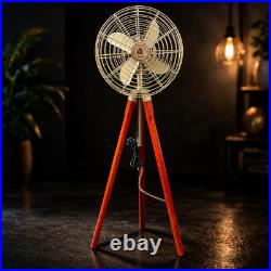 Vintage Tripod Floor Fan Retro Metal Fan Wooden Stand Industrial Home Decor