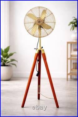 Vintage Tripod Floor Fan Retro Metal Fan Wooden Stand Industrial Home Decor